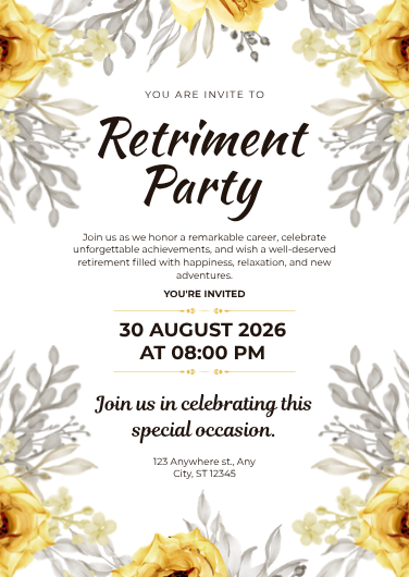 Gold and White Floral Retirement Party Invitation
