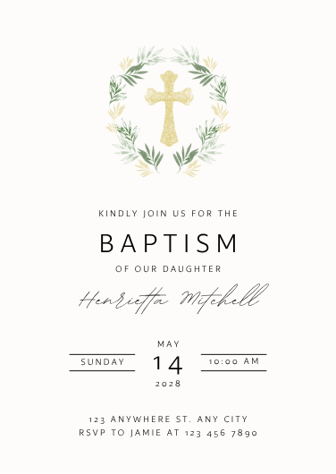 Elegant White and Green Minimalist Floral Baptism Invitation