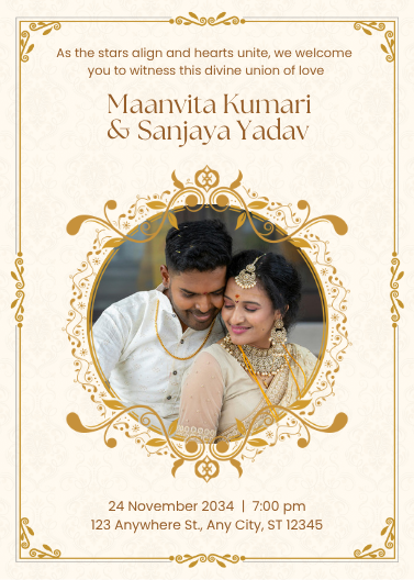 Gold and Cream Traditional Indian Wedding Photo Invitation