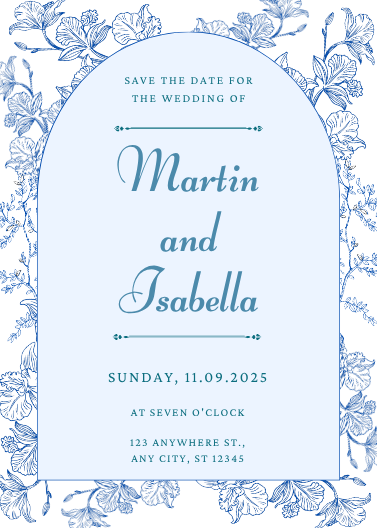 Classic Blue Watercolor Line Art Wedding Invitation
