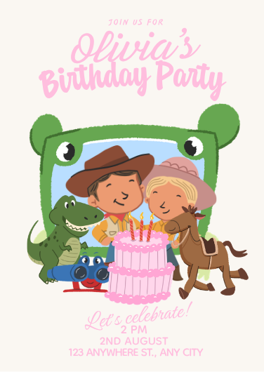 Pink and Green Illustrated Kids Birthday Invitation