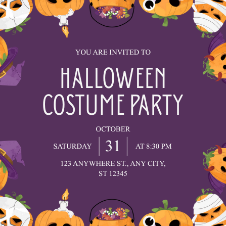 Playful Purple & Orange Halloween Costume Party Invitation