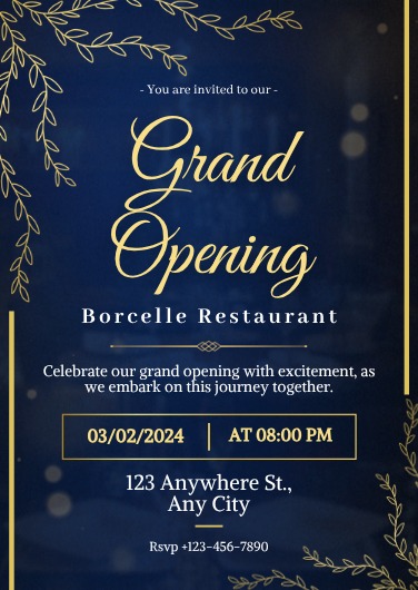 Blue and Gold Elegant Grand Opening Invitation Design