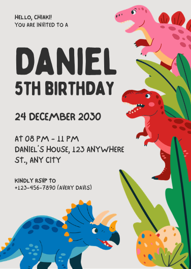 Pink, Red, and Blue Illustrated Dinosaur Birthday Invite