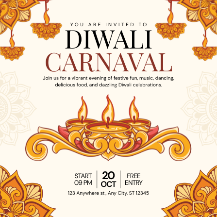 Illustrated Gold and Cream Diwali Carnaval Invitation