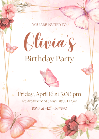 Watercolor Pink Butterfly Birthday Party Invitation