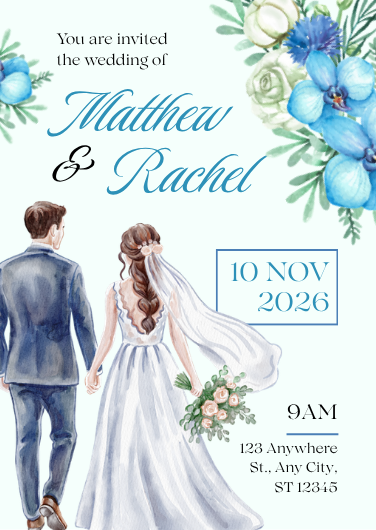 Blue Floral Watercolor Wedding Invitation Template