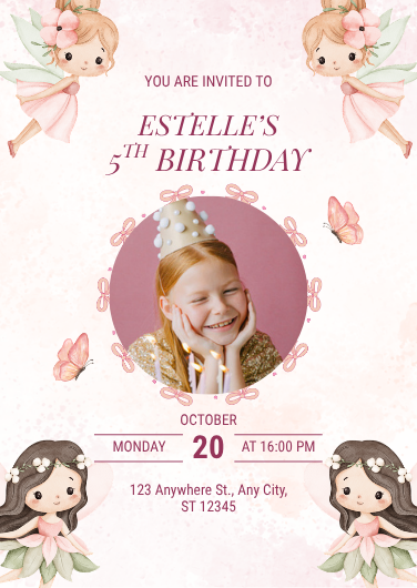 Pink and White Playful Fairy 5th Birthday Invitation