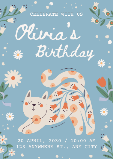 Blue and Beige Floral Cat Birthday Invitation