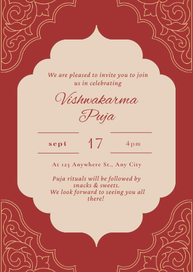 Red & Beige Traditional Vishwakarma Puja Invitation