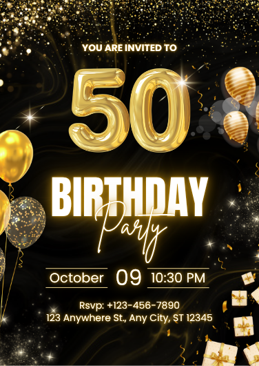 Black and Gold Elegant 50th Birthday Invitation Template