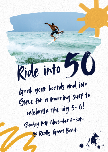 Yellow and Blue Casual Surf 50th Birthday Invitation