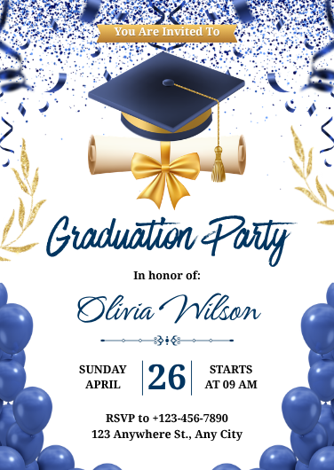 Editable Blue and Gold Elegant Graduation Party Invitation