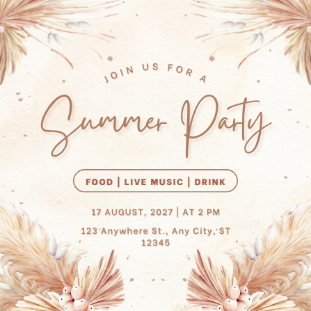 Brown & Cream Tropical Leaves Summer Party Invitation