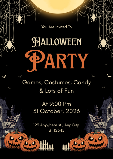 Spooky Black and Orange Halloween Party Invitation