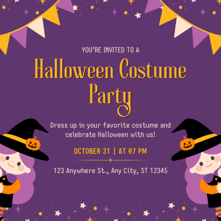 Purple & Gold Cute Halloween Costume Party Invitation