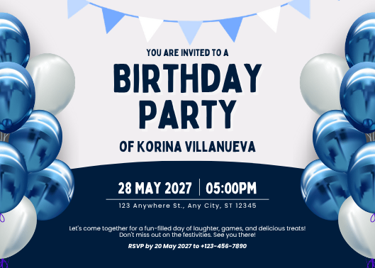 Modern Blue and White Balloon Birthday Invitation