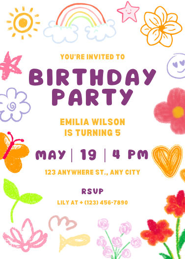 Playful Yellow and Purple Kids Birthday Invitation