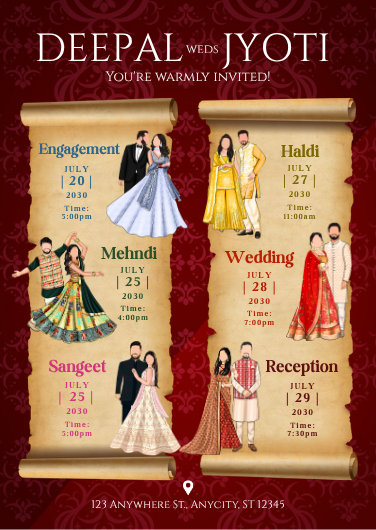 Red and Beige Scroll Indian Wedding Itinerary Invitation
