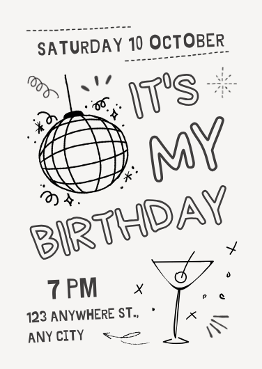 Black and White Doodle Birthday Party Invitation Template