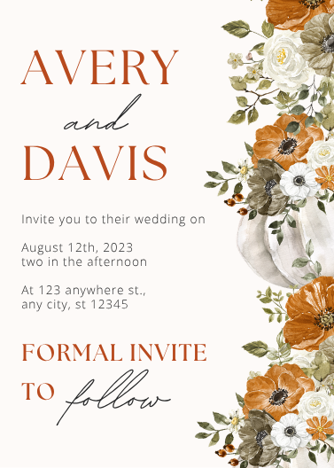 Orange Floral Pumpkin Fall Autumn Wedding Invitation