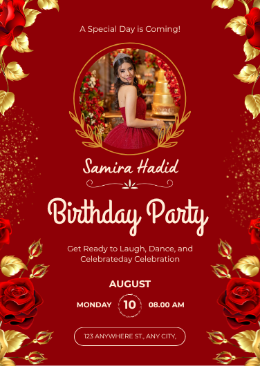 Red and Gold Floral Birthday Party Invitation Template