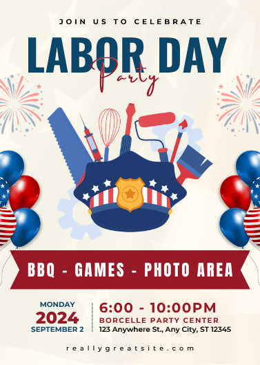 Blue and Red Illustrative Labor Day Party Invitation