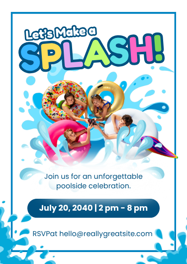 Blue, Pink, and Gold Playful Pool Party Invitation