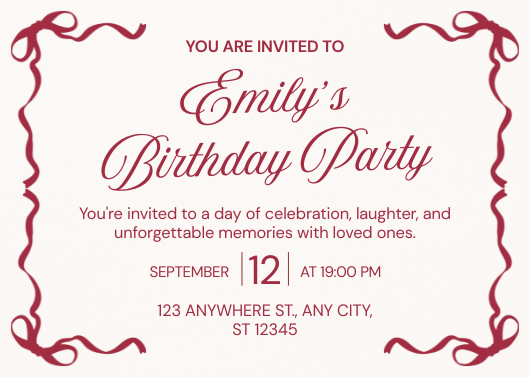 Elegant Red Burgundy and White Birthday Invitation