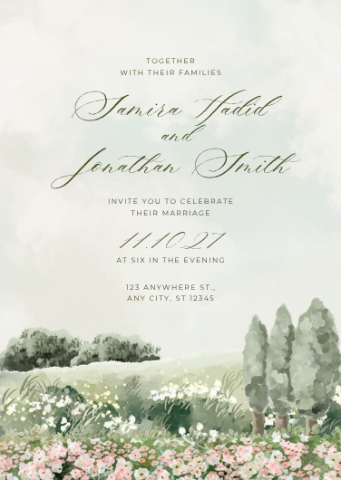 Green and Pink Watercolor Landscape Wedding Invitation
