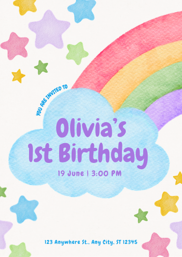 Rainbow Pastel Illustrated 1st Birthday Invitation