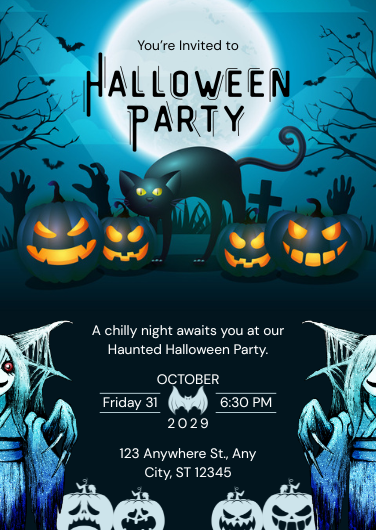 Haunted Blue and Black Halloween Party Invitation Template