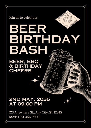 Black and Beige Vintage Beer Birthday Bash Invitation