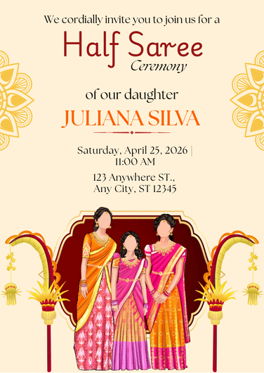 Gold and Maroon Traditional Half Saree Ceremony Invite