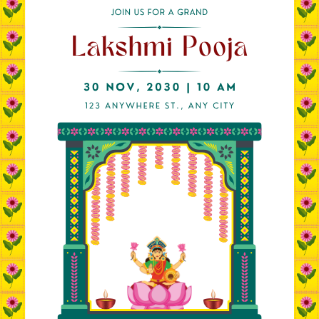 Floral White and Yellow Lakshmi Pooja Invitation Template