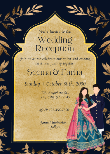 Dark Blue and Gold Wedding Reception Invitation Template