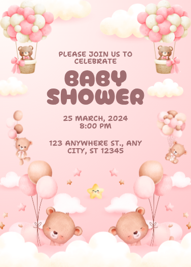 Pink Watercolor Teddy Bear Baby Shower Invitation