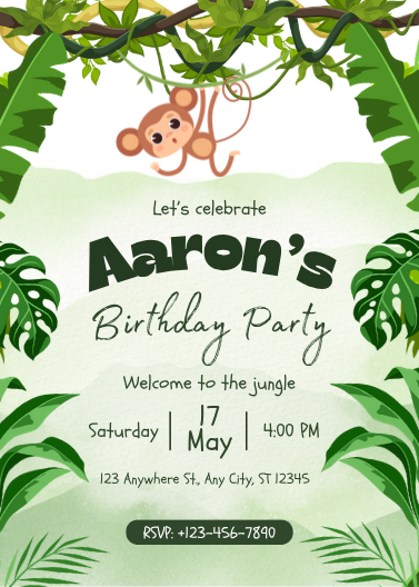 Tropical Jungle Monkey Birthday Party Invitation