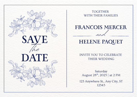 Blue and White Classic Elegant Wedding Invitation Template