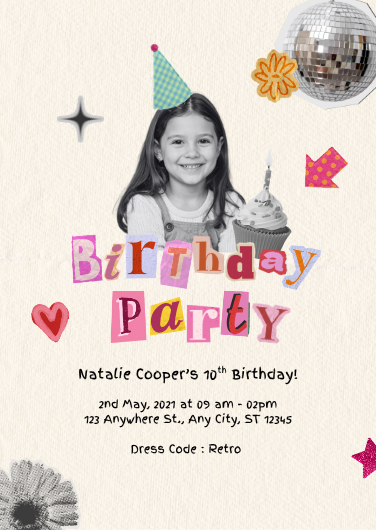 Playful Pink and Beige Retro Scrapbook Birthday Invitation
