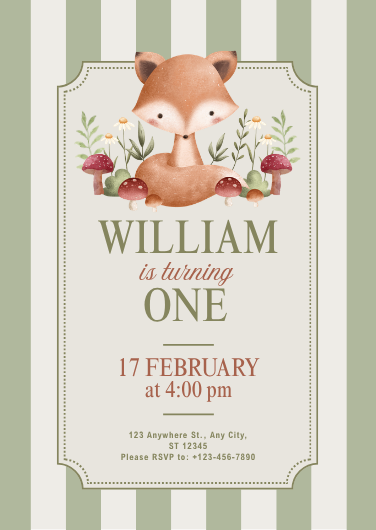 Editable Woodland Fox 1st Birthday Invitation Template