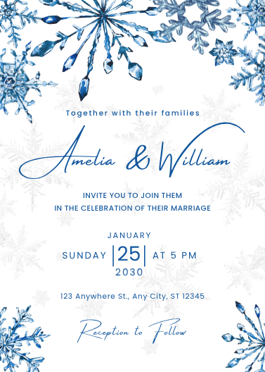 Blue Simple Winter Snowflake Wedding Invitation Template