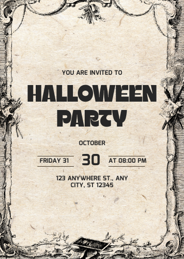 Vintage Black, White and Gray Halloween Party Invitation