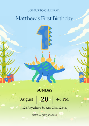 Blue and Green Dinosaur First Birthday Invitation