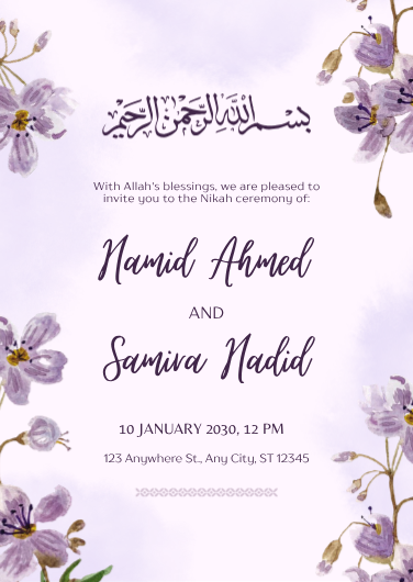 Purple and White Watercolor Floral Nikah Ceremony Invitation Template