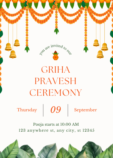 Vibrant Orange and Green Griha Pravesh Ceremony Invitation