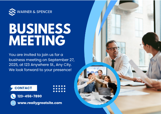 Blue and White Modern Business Meeting Invitation Template