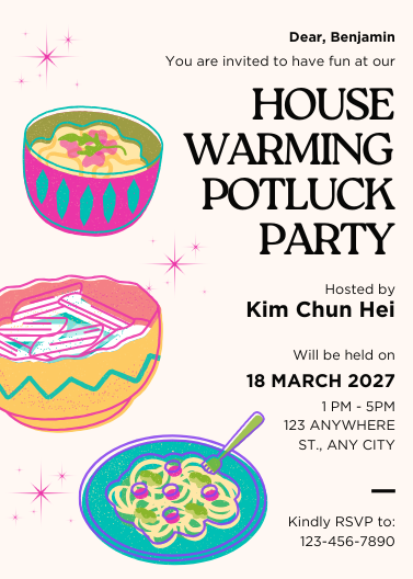 Beige Pink Illustrative Housewarming Potluck Invitation