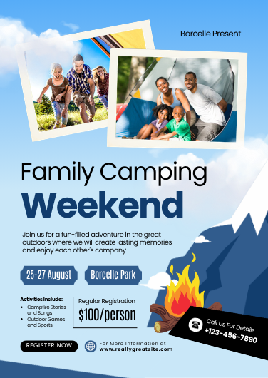 Blue and White Family Camping Weekend Invitation Design