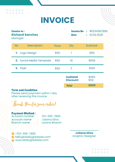 Teal and Gold Simple Business Invoice Template